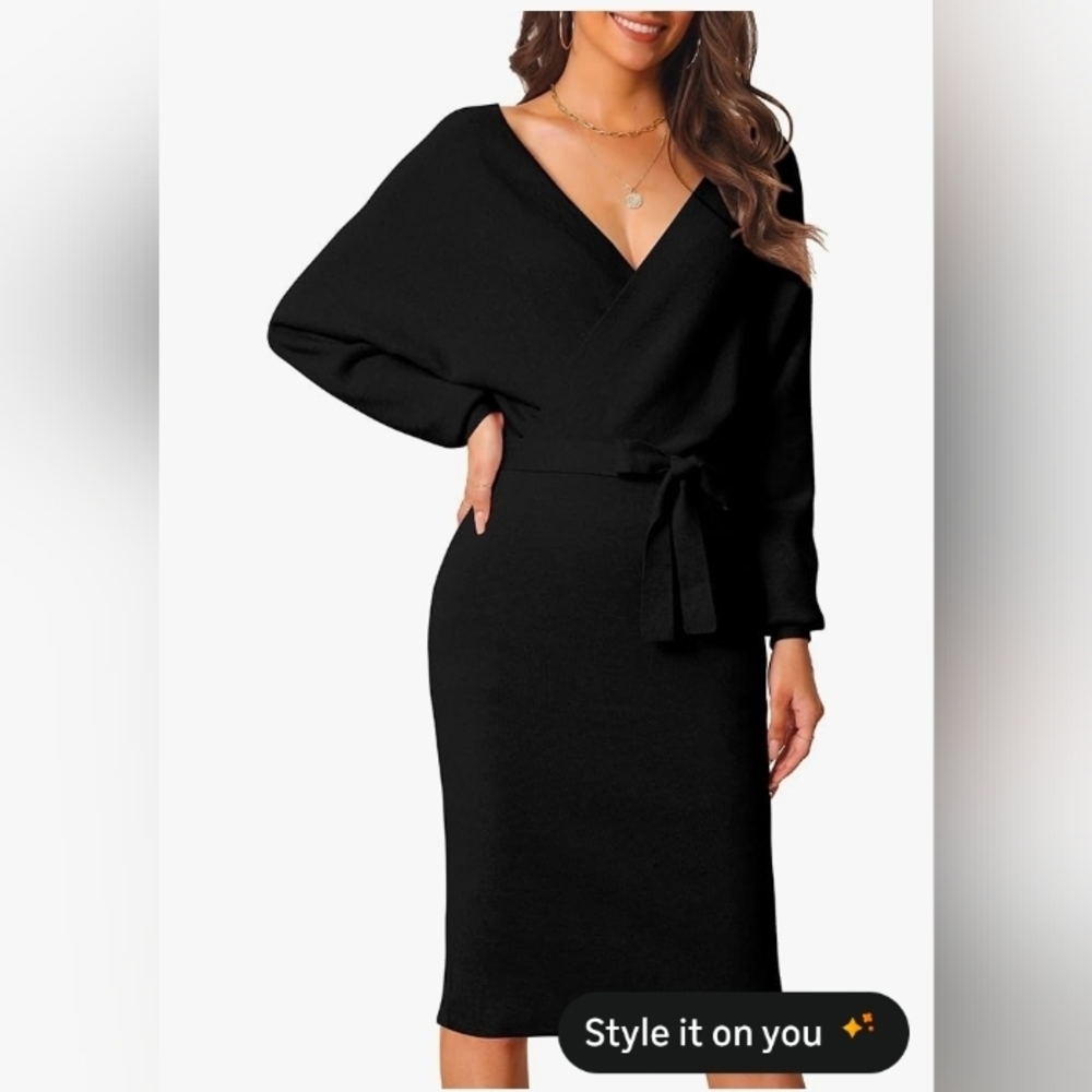 Seta T Women's V Neck Sweater Dress Batwing Sleeve Wrap Backless Knit Fall Midi